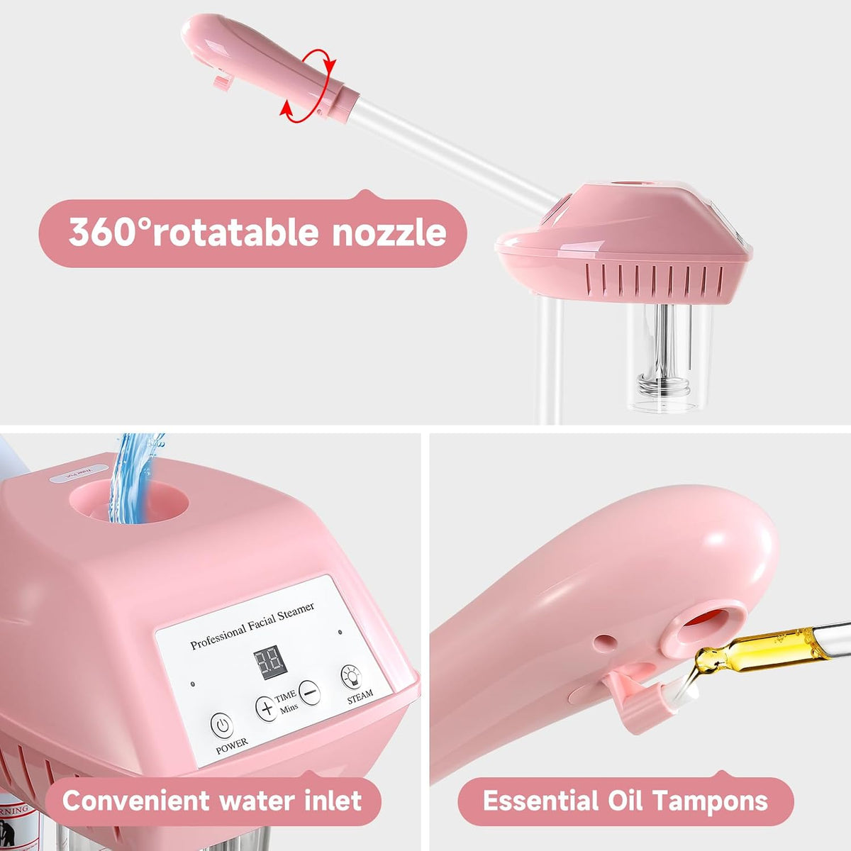 Professional Facial Steamer, Face Steam on Wheel, Estheticians Steamer-Pink