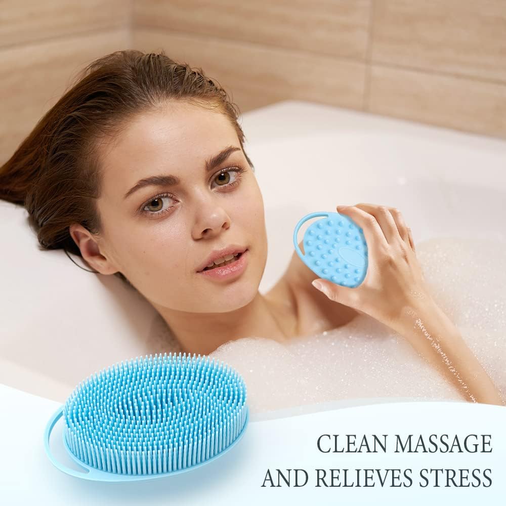 PQRUU 3 Pack Silicone Body Scrubber, Exfoliating Soft Loofah Bath Body Scrubbers for Use in Shower, Exfoliating Body Scrubber Fit for All Kinds of Skin, Rapid Foaming Black+Blue+Pink
