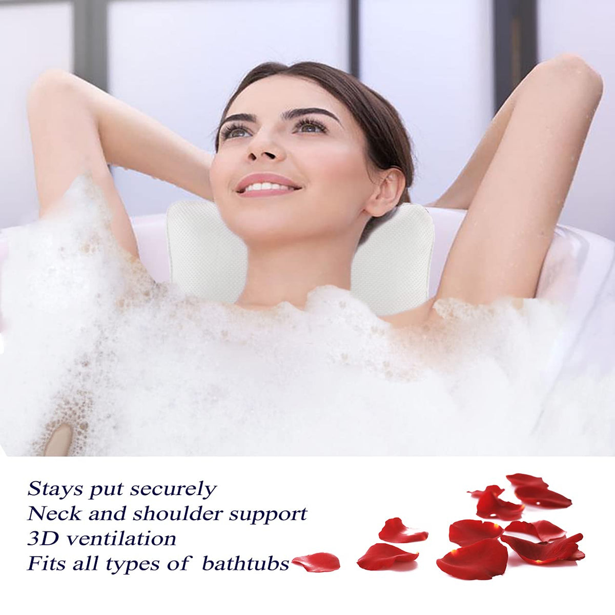 Bathtub Pillow, Non Slip, Breathable Soft, Comfortable Head Neck Support, Machine Washable, 2 Large Suction Cups (White)