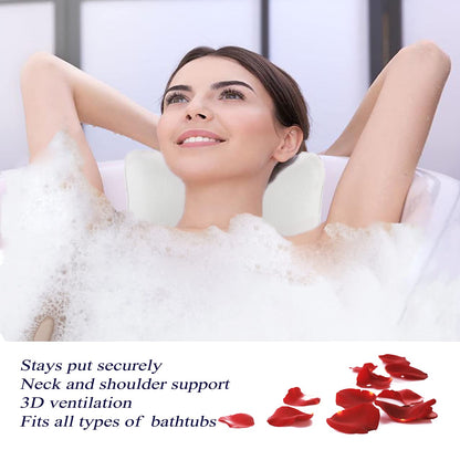 Bathtub Pillow, Non Slip, Breathable Soft, Comfortable Head Neck Support, Machine Washable, 2 Large Suction Cups (White)