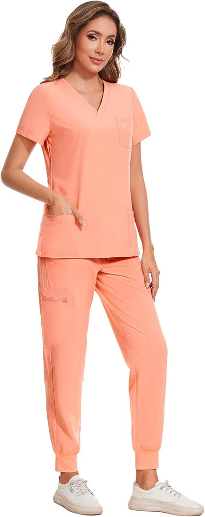 COZYFIT Scrubs for Women Set - Stretch V-Neck Scrub Top & Jogger Pant with 8 Pockets COZY SCRUBS - Colors B