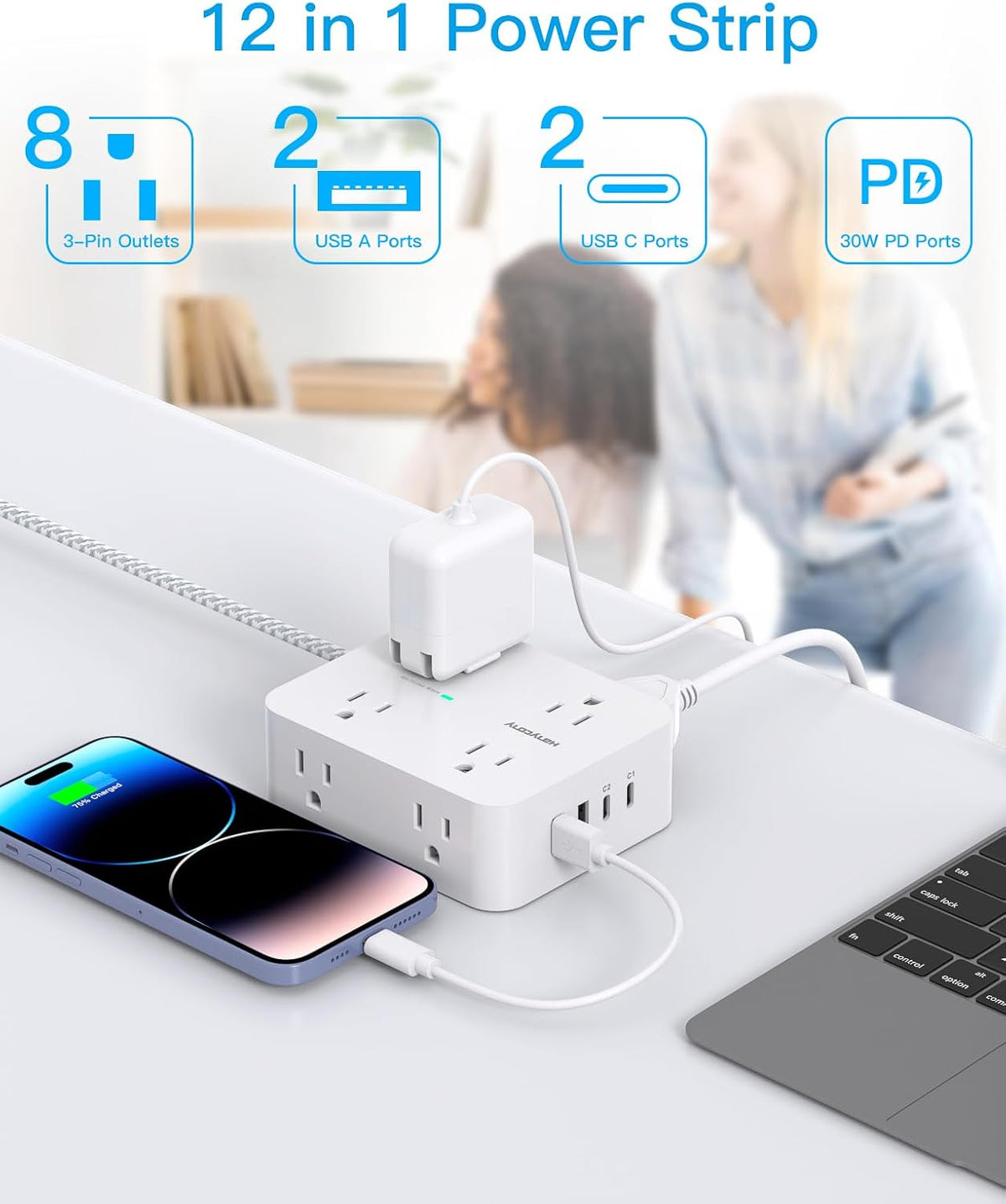 HANYCONY Surge Protector Power Strip, 1080J, 5 Ft Braided Extension Cord