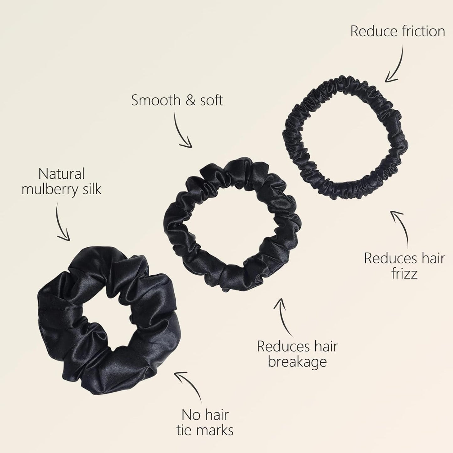 ZIMASILK 100% Mulberry Silk Hair Scrunchies, Best For Women And Girls’ Hair 19 Momme Elastic Hair Bands for Ponytail Holder Gentle And No hurt (3 Pack, Black)