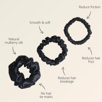 ZIMASILK 100% Mulberry Silk Hair Scrunchies, Best For Women And Girls’ Hair 19 Momme Elastic Hair Bands for Ponytail Holder Gentle And No hurt (3 Pack, Black)