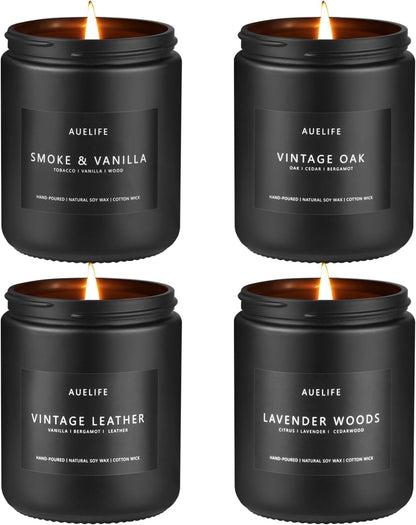 Scented Candles Set | Men Candle Set, Scented Candles for Home, Gifts for Men Aromatherapy Gift Set - 4 Pack Manly Gifts for Dad Fathers Day, Soy Candle of Leather/Smoke & Vanilla/Oak/Lavender