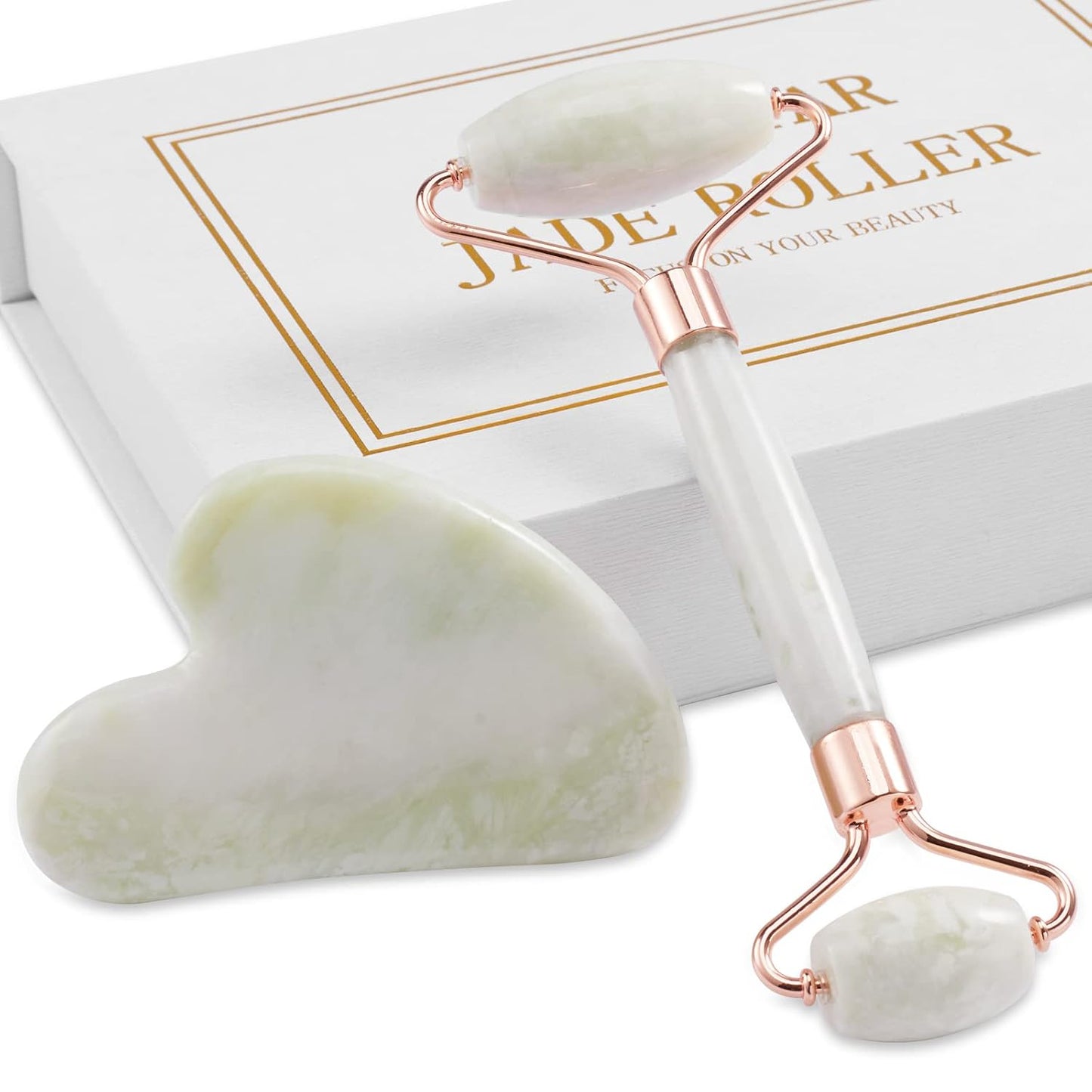 Jade Roller for Face, Facial Roller Massager Skin Care Tool, Gua Sha Facial Tools for Face, Neck, Eyes, Reduce Puffiness of The Skin - White