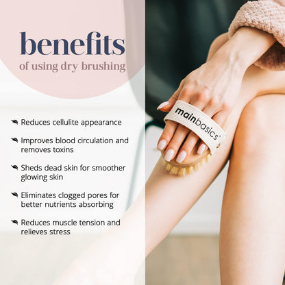 MainBasics Dry Brushing Body Brush for Lymphatic Drainage, Dry Skin, Cellulite, Blood Circulation with Exfoliating Natural Bristles and Massage Nodes for Flawless Skin