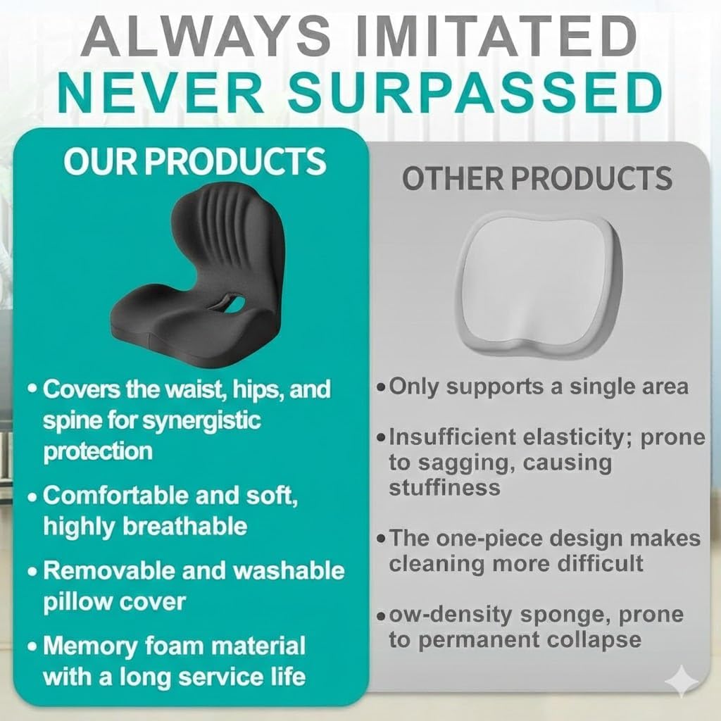 Ergonomic L-Shaped Memory Foam Seat Cushion with Lumbar Support, Designed to Help Relieve Tailbone, Coccyx & Lower Back Pain for Office,Truck, Car & Travel (Black)