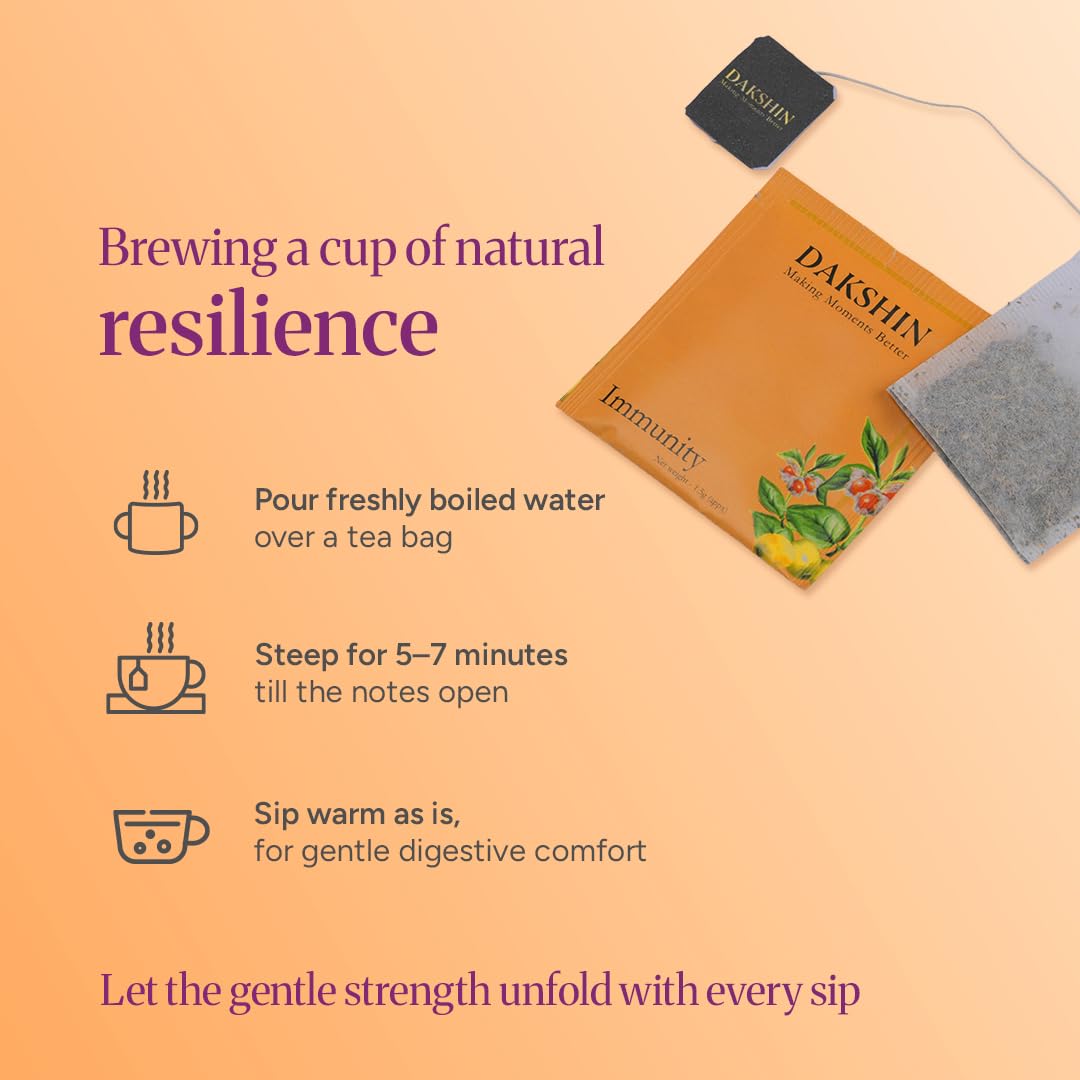 DAKSHIN Organic Immunity Tea Bags | Ashwagandha, Amalaki, Echinacea, Tulsi & Guduchi | Ayurvedic Daily Wellness Tea | Caffeine-Free | USDA Organic | 16 Tea Bags