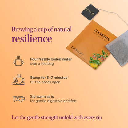 DAKSHIN Organic Immunity Tea Bags | Ashwagandha, Amalaki, Echinacea, Tulsi & Guduchi | Ayurvedic Daily Wellness Tea | Caffeine-Free | USDA Organic | 16 Tea Bags