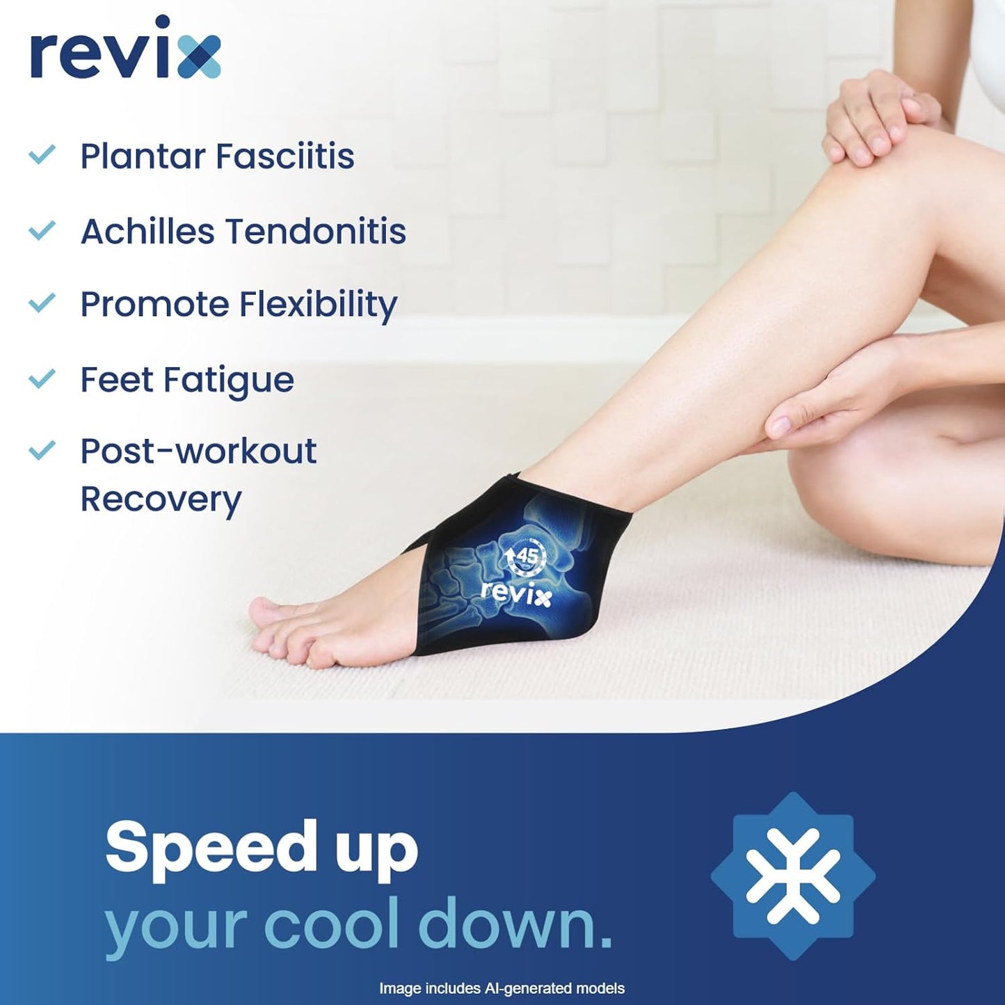REVIX Ankle Ice Pack Wrap for Plantar Fasciitis with 45-Min Long Lasting Cold, Reusable Foot Ice Pack with Ice Grid Design, Cold Compress Therapy for Achilles Tendonitis, Swelling & Sprained Ankle