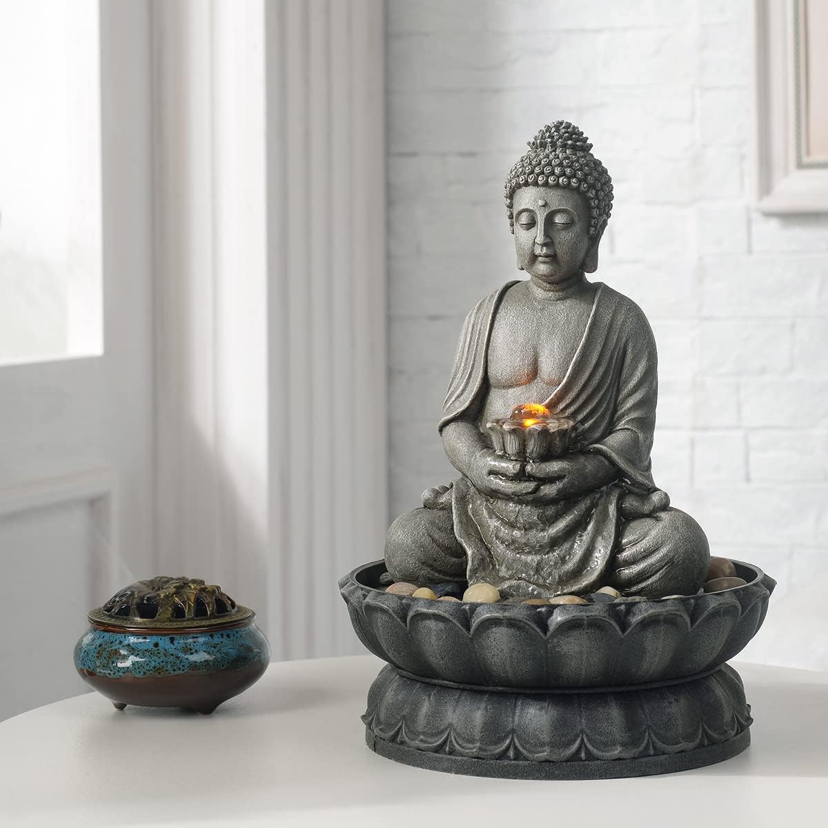 GOSSI Indoor Water Fountain Stump Rain Drop Meditation Desk Fountain Artistic Relaxation Waterfall for Home and Office Decor (22013)
