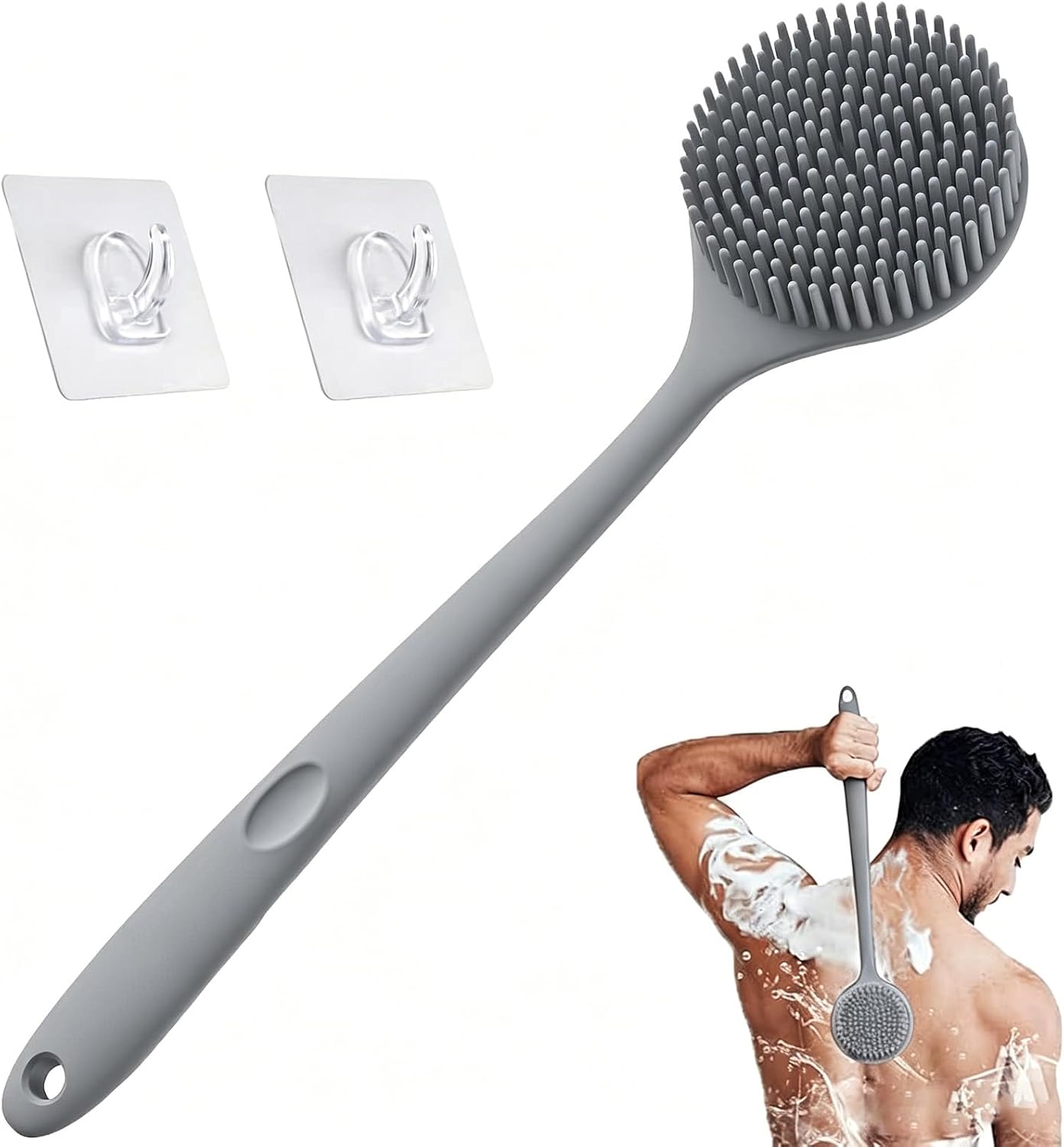 Silicone Back Scrubber for Shower, 17in Lengthen Long Handle Body Brush, Double Sided Shower Brush for Shower Exfoliating and Massage,Includes 2 Hooks (Black)