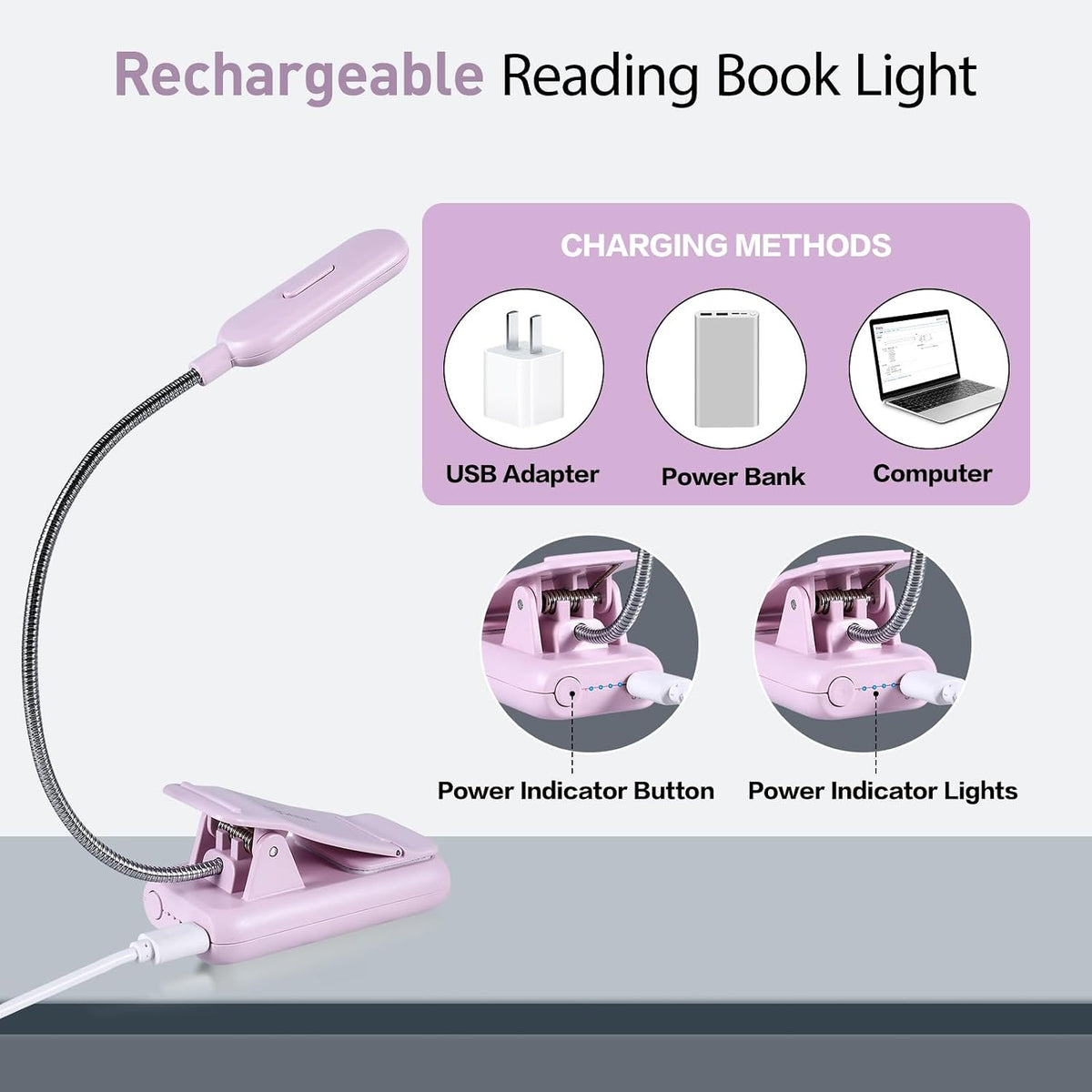 VAVOFO Amber Rechargeable Reading Light, Blue Light Blocking Book Light, 7 LEDs Eye Care 9 Colors 9 Brightness Clip On for Kids Bookworms Reading in Bed with Power Indicator Lasting 70h (Black)