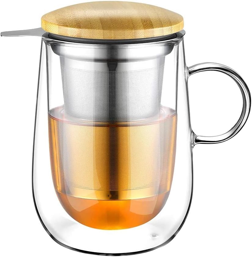 glastal Tea Infuser Mug 14.5oz Glass Tea Cup with Removable Stainless Steel Infuser and Lid, Double-walled Black Glass Tea Cup Teacup for Loose Leaf Tea, Birthday for Parents Dad Mum Friends Office