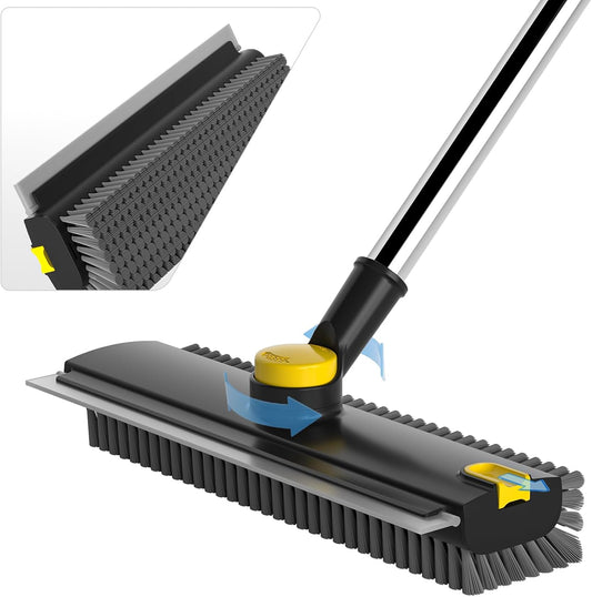 Scrub Brush with Long Handle, Floor Scrub Brush Squeegee Broom for Cleaning, 3 in 1 Shower Scrubber Floor Broom Squeegee for Concrete Tile Wall Deck Patio Grey