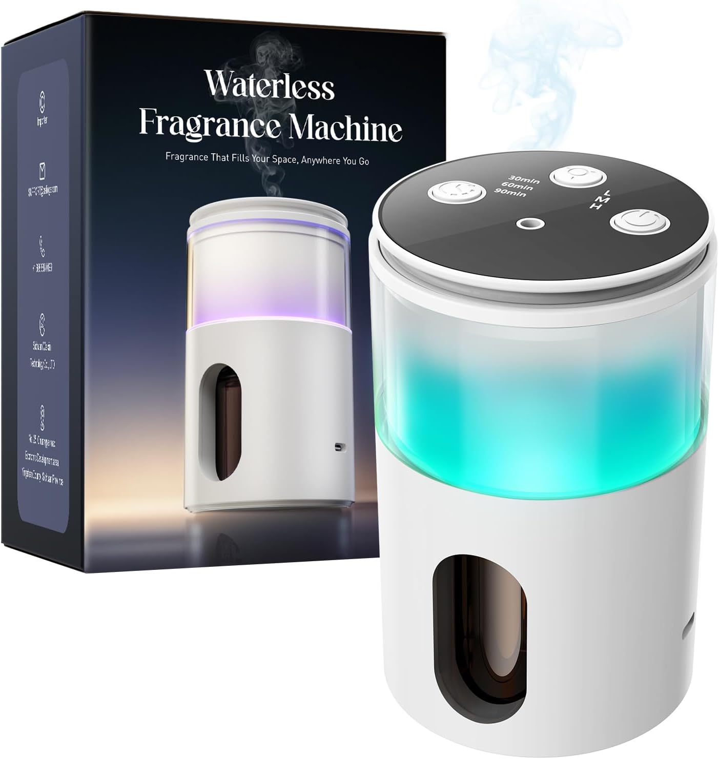 Waterless Essential Oil Diffuser: 𝟗 𝐂𝐨𝐥𝐨𝐫𝐬 𝐋𝐄𝐃 Scent Diffuser for Home&Car&Office - Portable Diffuser with 48H Battery, 4 Timers & 3 Mist Levels, Carbon Black