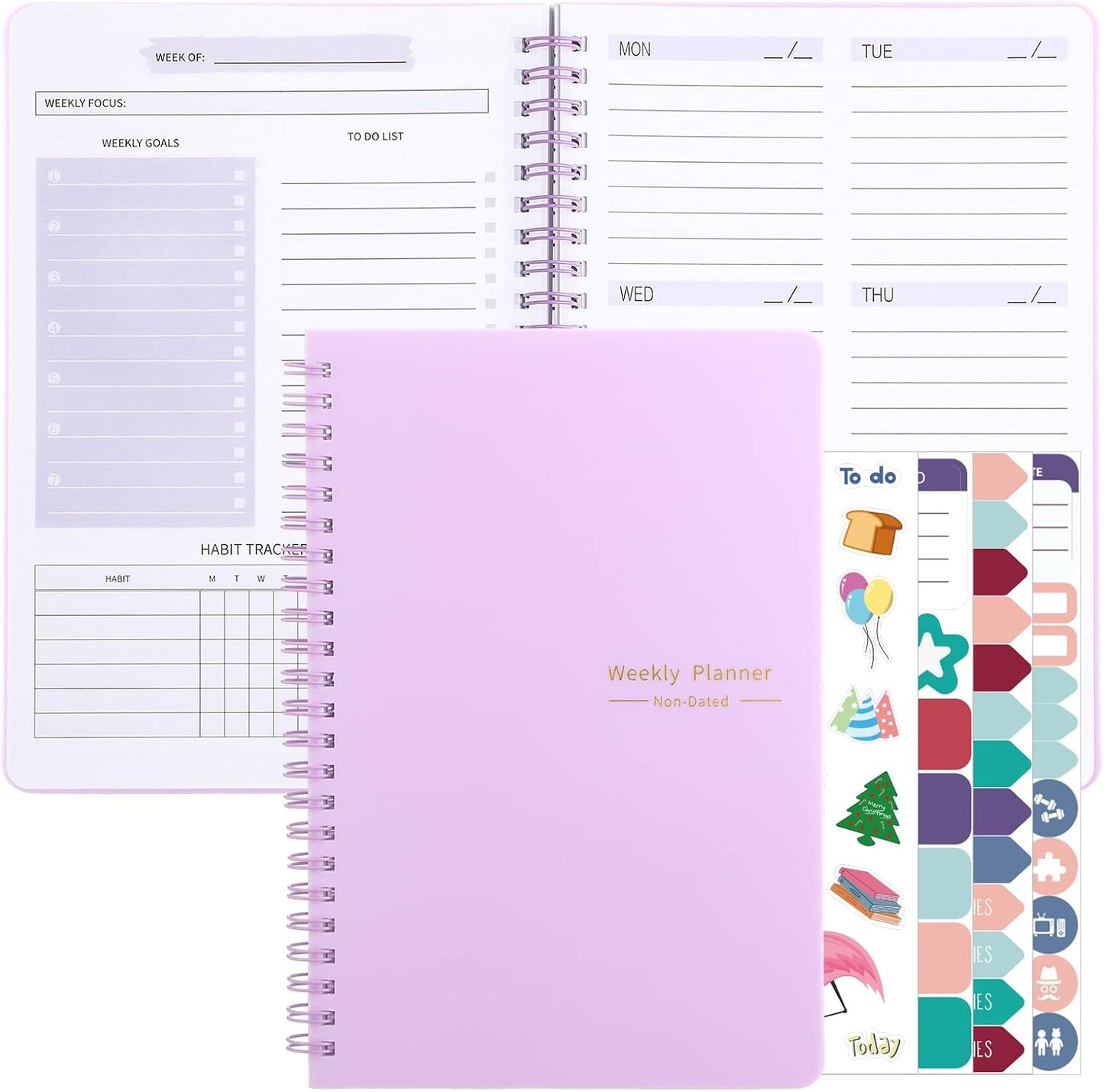 Undated Weekly Planner with Habit Tracker, 52 Weeks To Do List Notebook A5 Weekly Goal Planner with Spiral Binding & Stickers Home Work School Supplies for Women Girls 8.2" x 5.7" - Pink