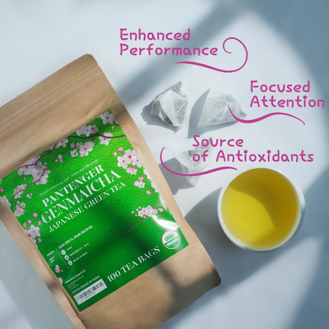 Organic Japanese Genmaicha | 100 Tea Bags | Organic Japanese Green Tea + Roasted Brown Rice | by Pantenger.