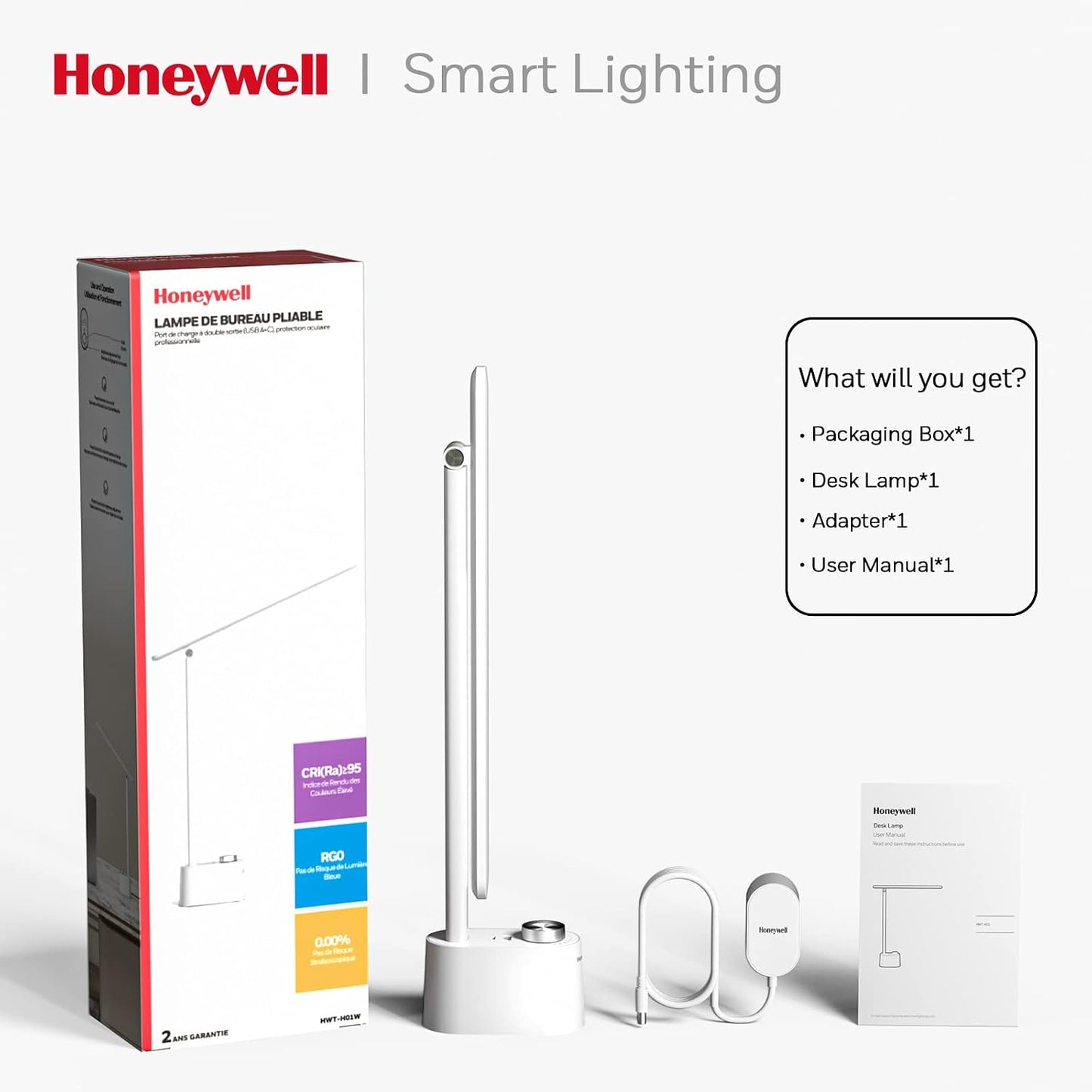 Honeywell Sunturalux™ LED Desk Lamp with USB Charging Ports HWT-H01 - Stepless Dimmable Eye Caring Desk Light for Home Office Bedroom Bedside College Dorm, Foldable Table Lamp Reading Lamp Black
