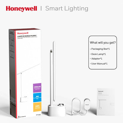 Honeywell Sunturalux™ LED Desk Lamp with USB Charging Ports HWT-H01 - Stepless Dimmable Eye Caring Desk Light for Home Office Bedroom Bedside College Dorm, Foldable Table Lamp Reading Lamp Black