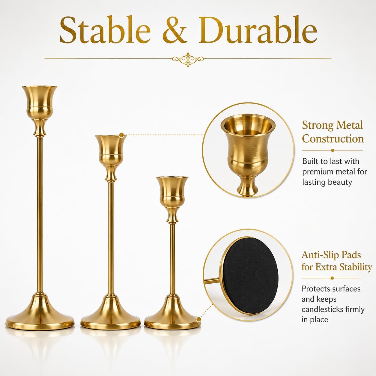 Candle Holder Set of 3, with 3 Flameless Candles & 1 Remote(Gold) | Taper Candle Holders, Metal Non Slip Stable Base, for Home Decor, Holiday Party, Pet & Kid Friendly