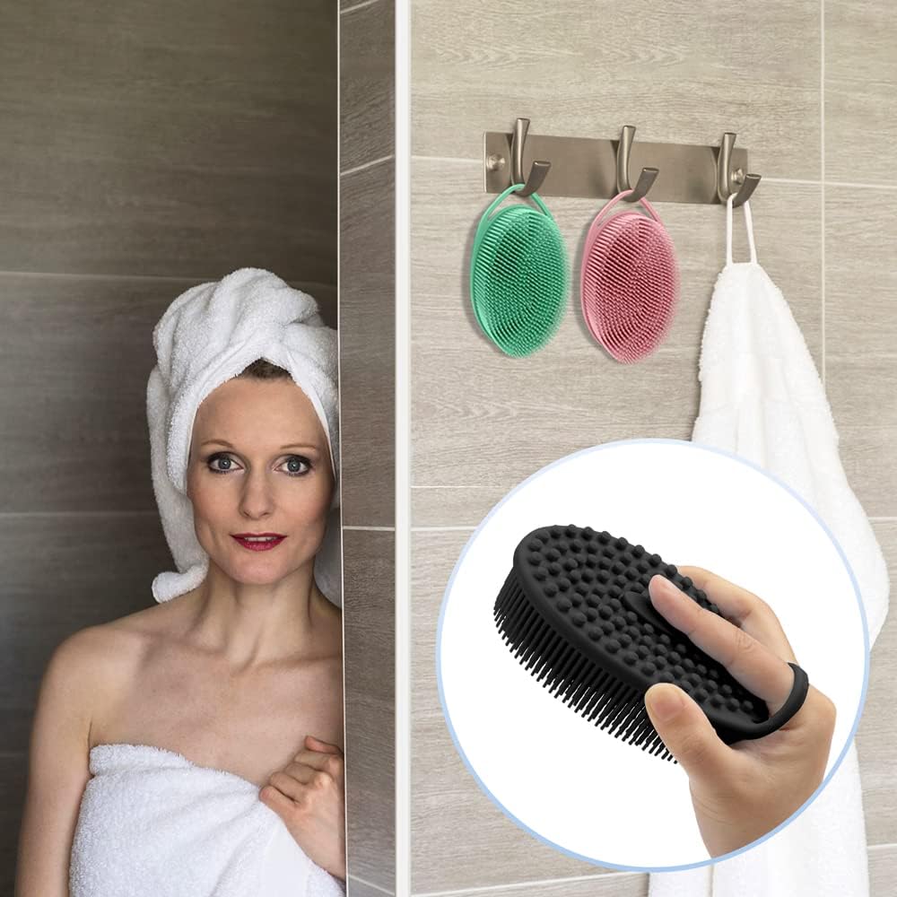 PQRUU 3 Pack Silicone Body Scrubber, Exfoliating Soft Loofah Bath Body Scrubbers for Use in Shower, Exfoliating Body Scrubber Fit for All Kinds of Skin, Rapid Foaming Black+Blue+Pink