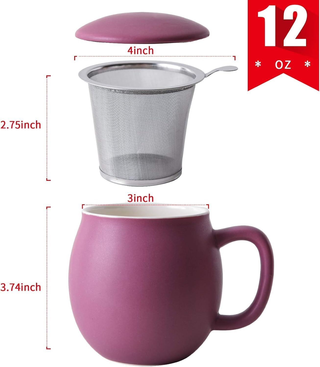 Yundu 12 OZ Matte Green Ceramics Teacup with Infuser and Lid, Mug with Lid for Steeping - Stainless Steel Infuser for Loose Leaf Tea, Home Office Gift for Tea Lovers