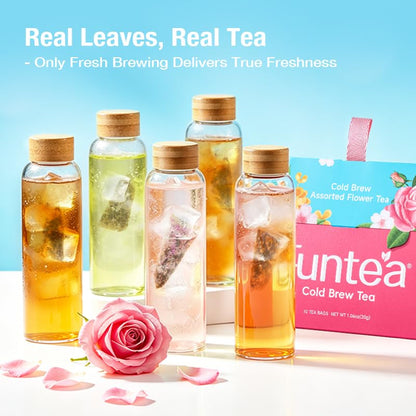 FUNTEA Cold Brew Flower Tea Sampler, Caffeine-Free Unsweetened Herbal Tea, 5 Flavors Variety Pack, Individually Wrapped Tea Bags, Refreshing Iced Tea, 10 Count (Pack of 1)