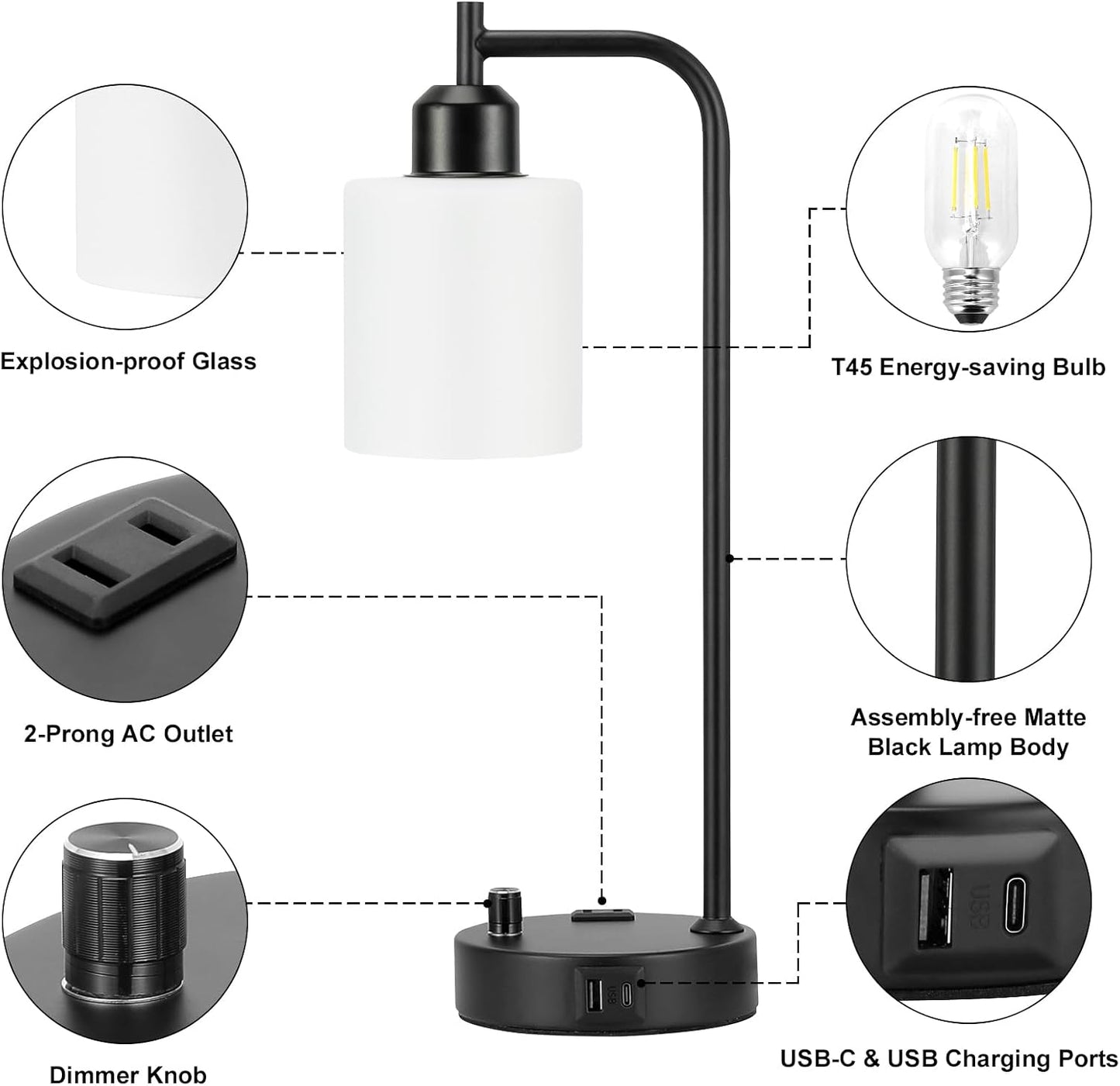 Industrial Table Lamps for Bedrooms Set of 2 - Fully Dimmable Bedside Lamps with USB A and C Ports and Outlet, Black Nightstand Lamps with Glass Shade for Living Room, Desk Lamps for Office Reading