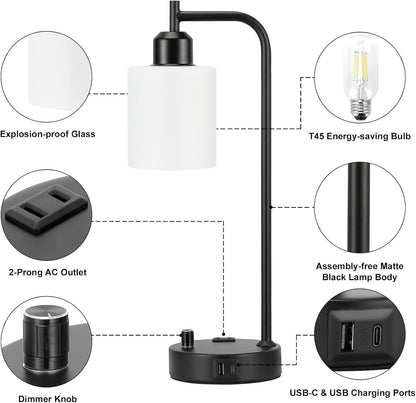 Industrial Table Lamps for Bedrooms Set of 2 - Fully Dimmable Bedside Lamps with USB A and C Ports and Outlet, Black Nightstand Lamps with Glass Shade for Living Room, Desk Lamps for Office Reading