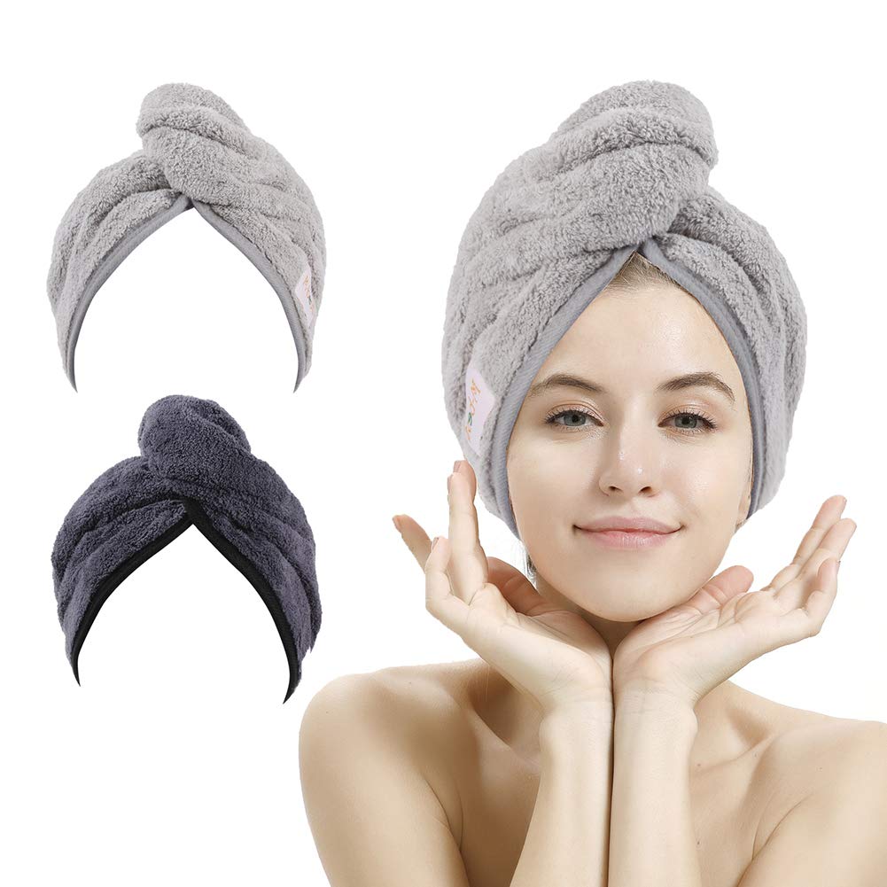 M-bestl 2 Pack Microfiber Hair Towel Wrap,Hair Drying Towel with Button,Quick Dry Hair Towel Turban for Women,Absorbent Anti-frizz Head Towel for Long Thick Curly Hair(Pink&Beige)