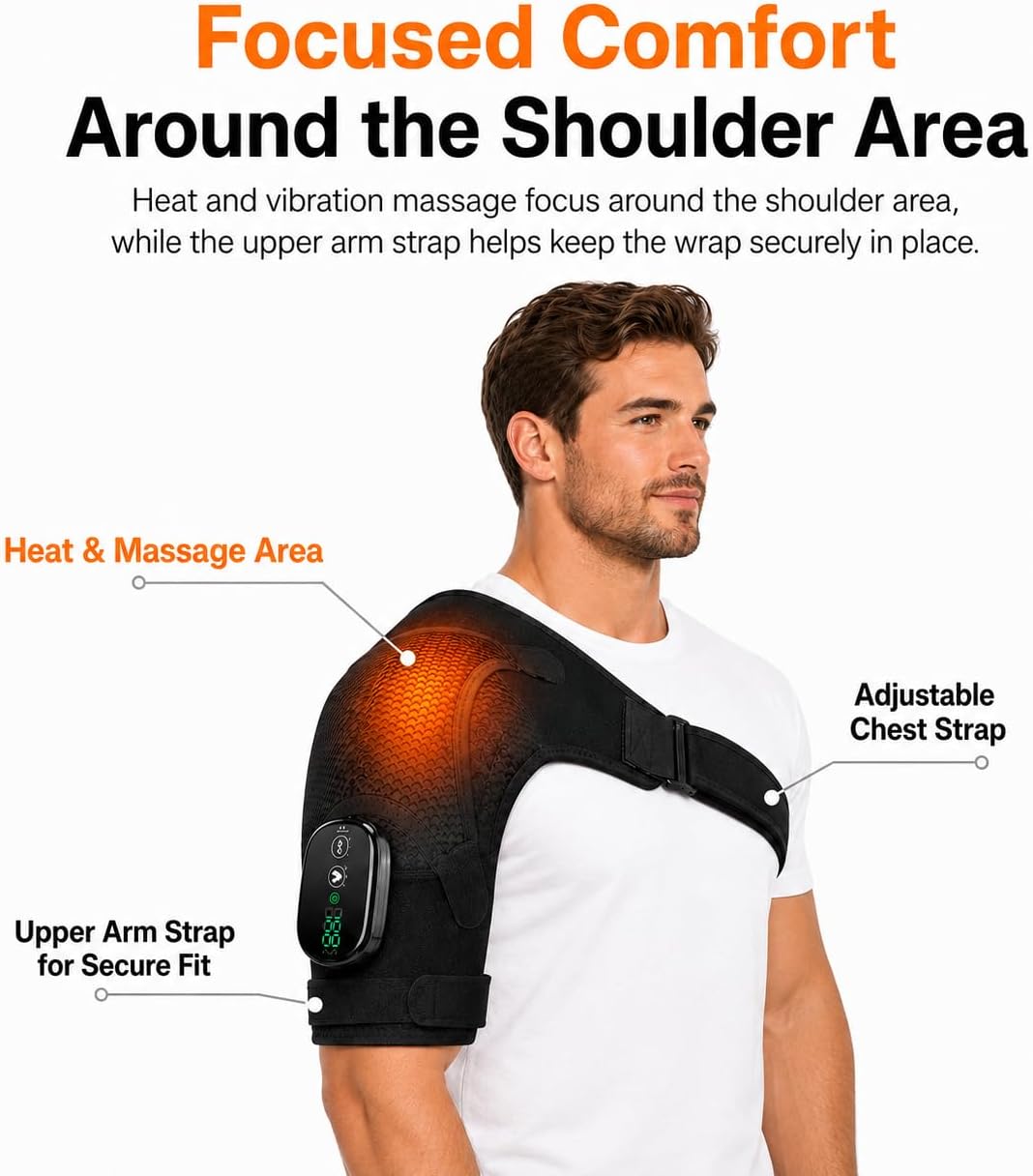 Cordless Shoulder Heating Pad with Massage, Rechargeable Shoulder Massager with Heat, Heated Shoulder Wrap, 3 Heat Levels & 3 Vibration Modes, 5000mAh Battery, Left or Right Shoulder, Black