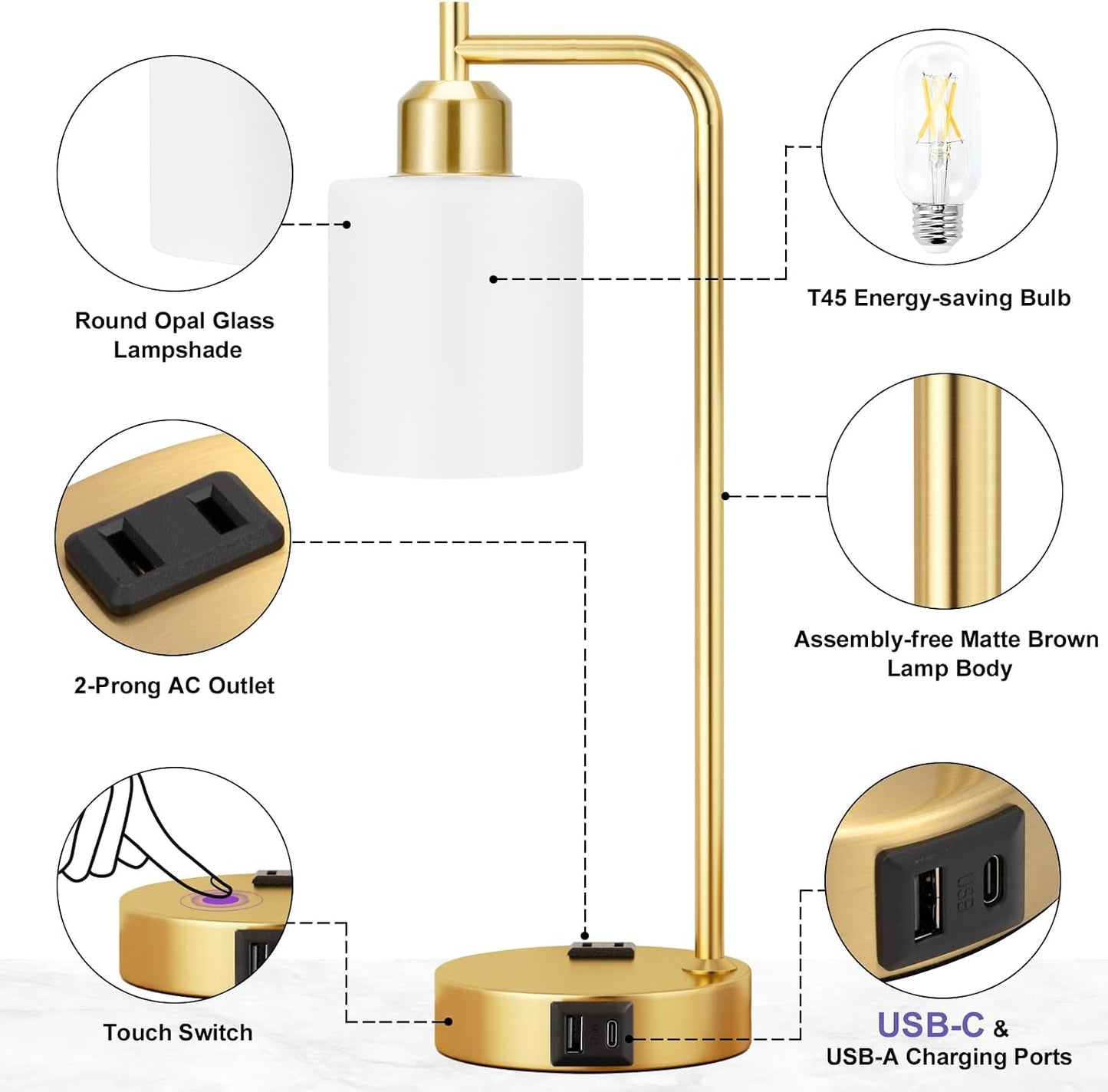 Industrial Touch Lamps for Nightstand Set of 2, 3-Way Dimmable Bedside Lamp