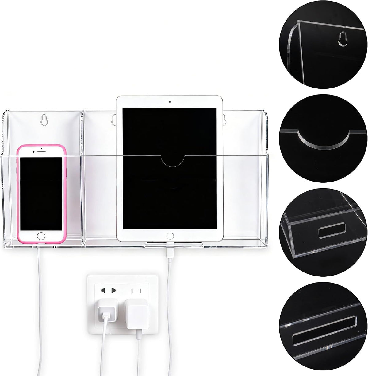 Acrylic Wall Mounted Phone Holder, Tablet Wall Mount with Charging Holes, 2 Slots Wall Remote Control Holder for iPad Kindle Laptop, Clear