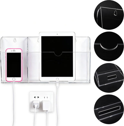 Acrylic Wall Mounted Phone Holder, Tablet Wall Mount with Charging Holes, 2 Slots Wall Remote Control Holder for iPad Kindle Laptop, Clear
