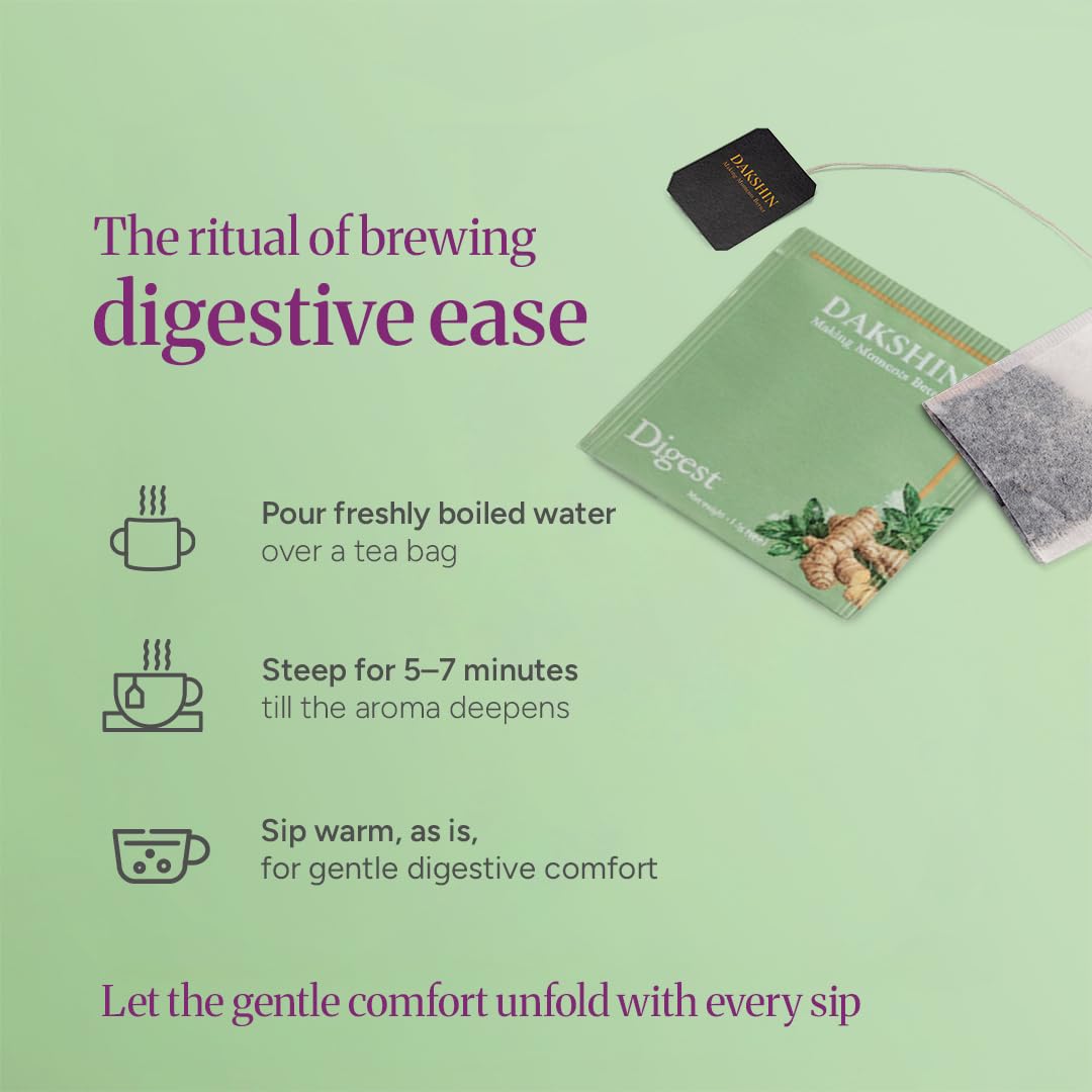 DAKSHIN Organic Digestive Tea Bags | Ginger, Peppermint, Fennel, Dandelion Root & Licorice | Naturally Soothing After-Meal Tea | Caffeine-Free | USDA Organic | 16 Tea Bags