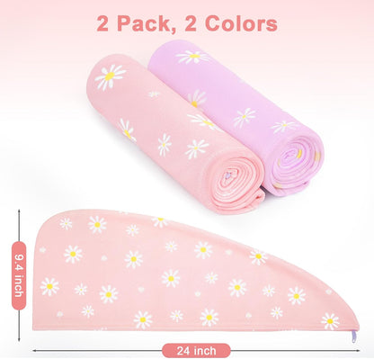 Unicorn Castle Microfiber Hair Towel for Kids 2Pack Hair Wrap Towels Absorbent Hair Drying Towel Wrap Hair Turbans for Curly Thick Hair, Pink White Strawberry