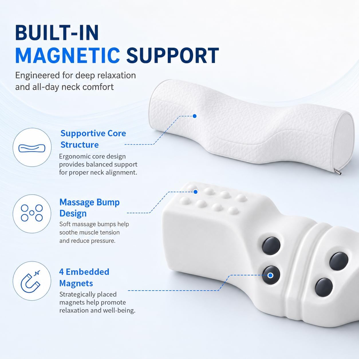 Cervical Neck Pillow, Memory Foam Neck Bolster for Sleeping, Washable Cover | polyester cover, slow rebound foam, magnet filling, raised dot texture, removable washable case, bed office chair travel