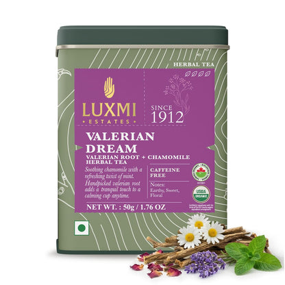 Luxmi Estates Organic Valerian Root, Chamomile, & Lavender Loose Leaf Tea 50g/1.76oz (25 cups) for Sleep | Caffeine Free Wellness Sleep Tea