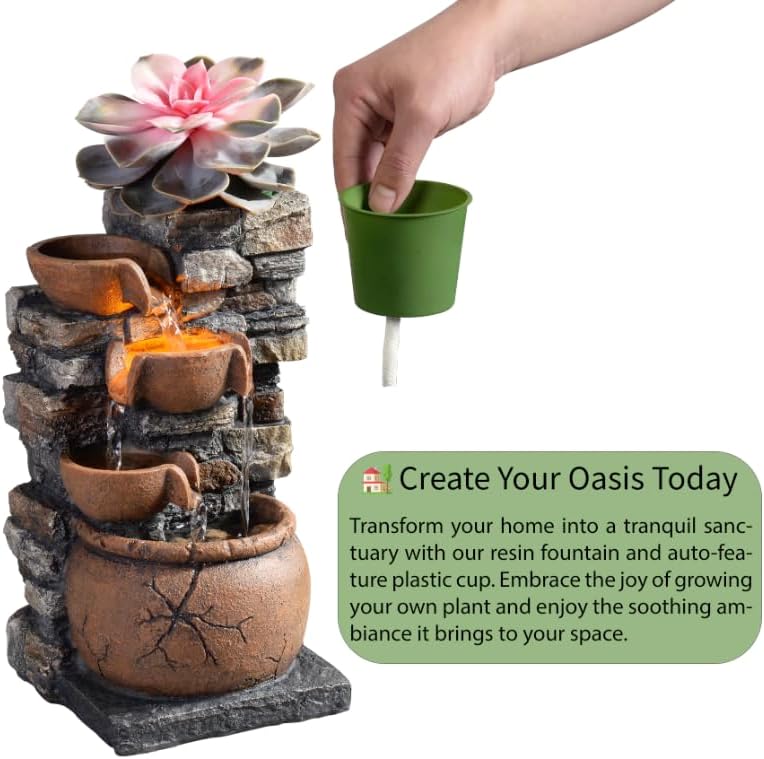 Indoor Fountain 4-Bowl Rockery Soothing Sound Tabletop Fountains Home/Office Decor with a Small Plastic Pot to Grow The Plant by Yourself(Automatic Watering)(23001)