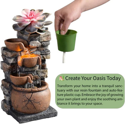 Indoor Fountain 4-Bowl Rockery Soothing Sound Tabletop Fountains Home/Office Decor with a Small Plastic Pot to Grow The Plant by Yourself(Automatic Watering)(23001)