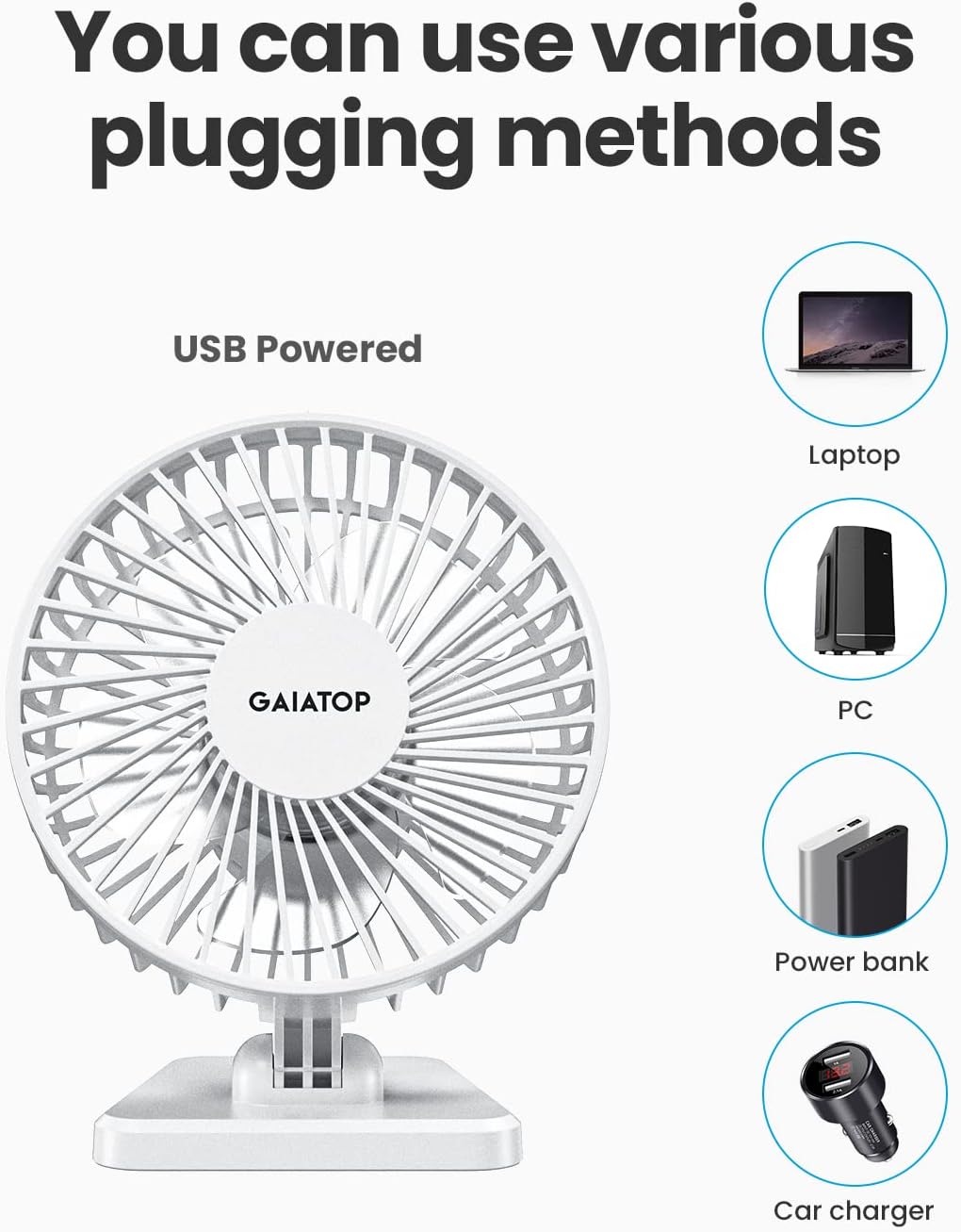 Gaiatop USB Desk Fan, Small But Powerful, Personal Portable Quiet 3 Speeds, Adjustable Mini Table Desktop fan for Cooling Home Office Car Summer Travel Gifts Blue