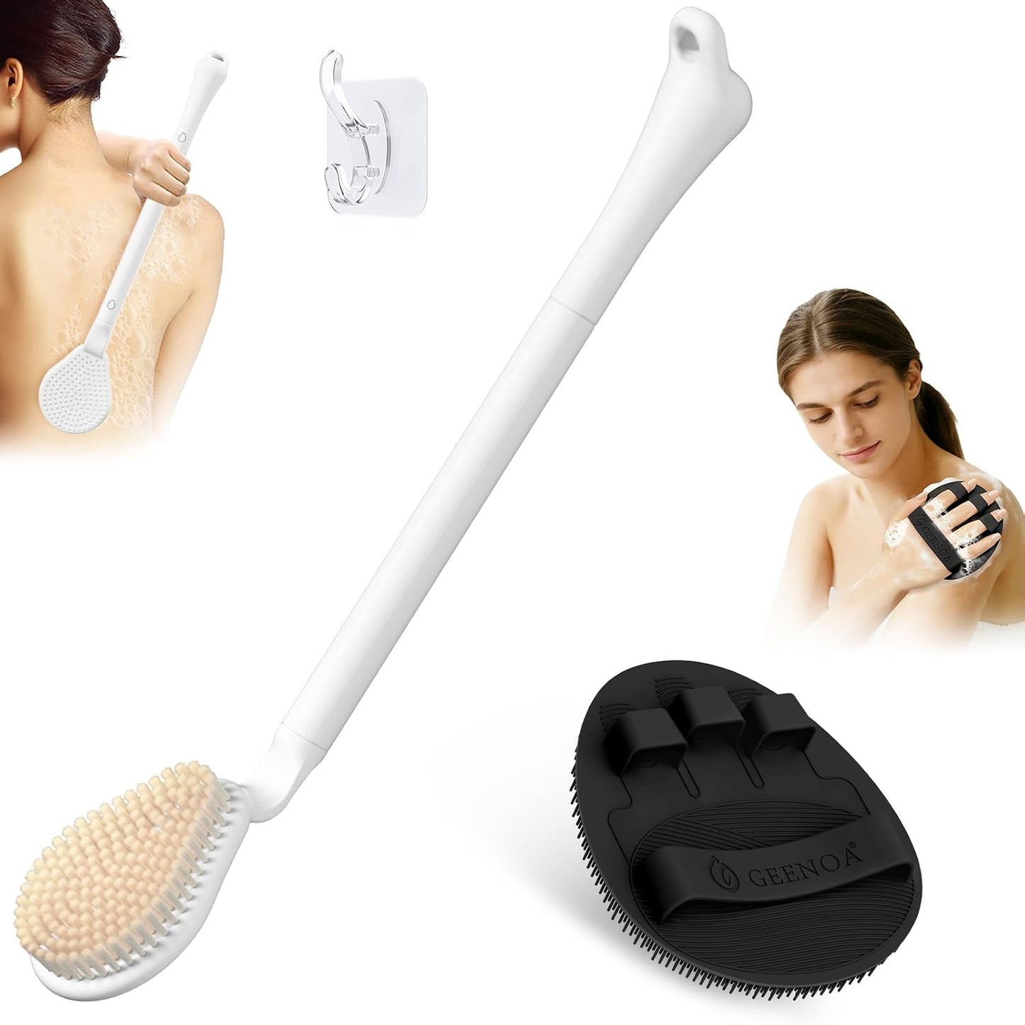 New Foot Brush with Adjustable Long Handle, 3-in-1 Foot Scrubber for Wet or Dry Brushing, 10.2’’- 27.5’’ Foot Scrub Brush for Senior, Pregnant, Disabled, or Injured, Gift-Box Packed(White)