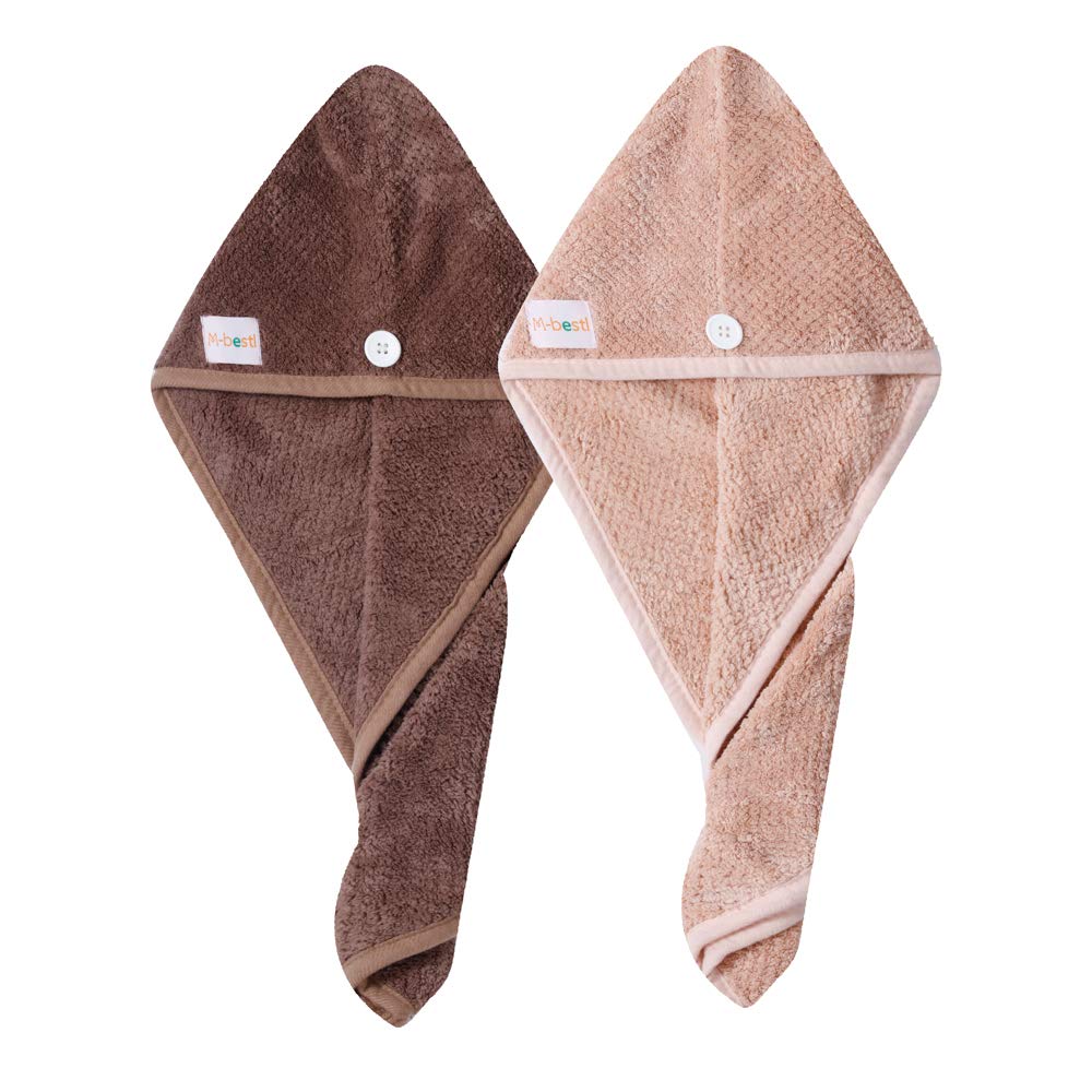 M-bestl 2 Pack Microfiber Hair Towel Wrap,Hair Drying Towel with Button,Quick Dry Hair Towel Turban for Women,Absorbent Anti-frizz Head Towel for Long Thick Curly Hair(Pink&Beige)
