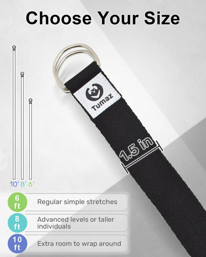 Tumaz Yoga Strap/Stretch Bands [15+ Colors, 6/8/10 Feet Options] with Extra Safe Adjustable D-Ring Buckle, Durable and Comfy Delicate Texture - Best for Daily Stretching, Physical Therapy, Fitness