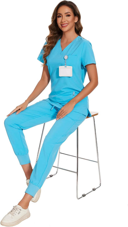 COZYFIT Scrubs for Women Set - Stretch V-Neck Scrub Top & Jogger Pant with 8 Pockets COZY SCRUBS - Colors B
