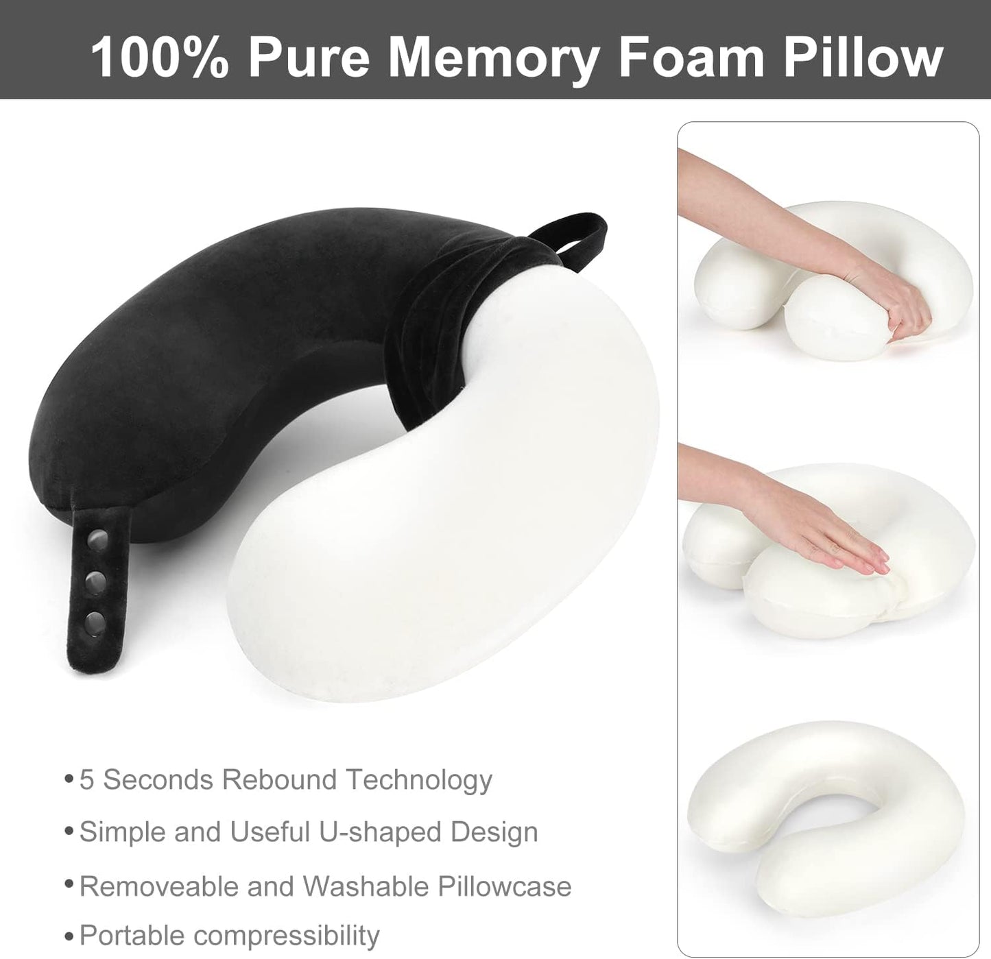 TALLGO Travel Pillow, Best Memory Foam Neck Pillow Head Support Soft Pillow for Sleeping Rest, Airplane Car & Home Use (Black)