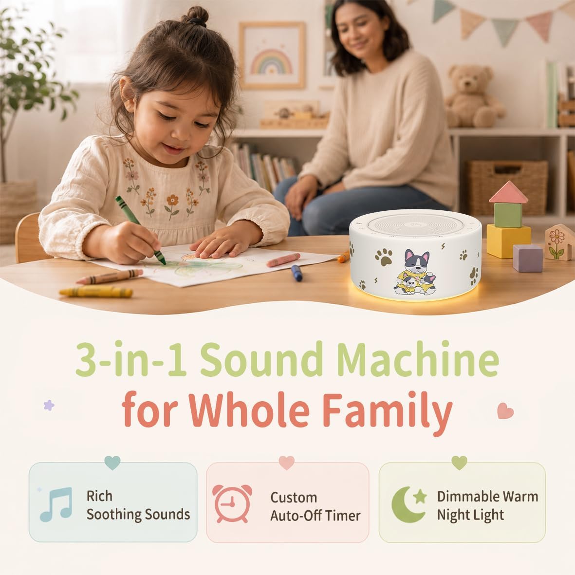 Kipcush White Noise Machine for Baby & Adults, 30 Soothing Sounds, Soft Non-Glare Nursery Lamp, 8 Color Night Lights, Memory Function (Angel V1 White, Standard)