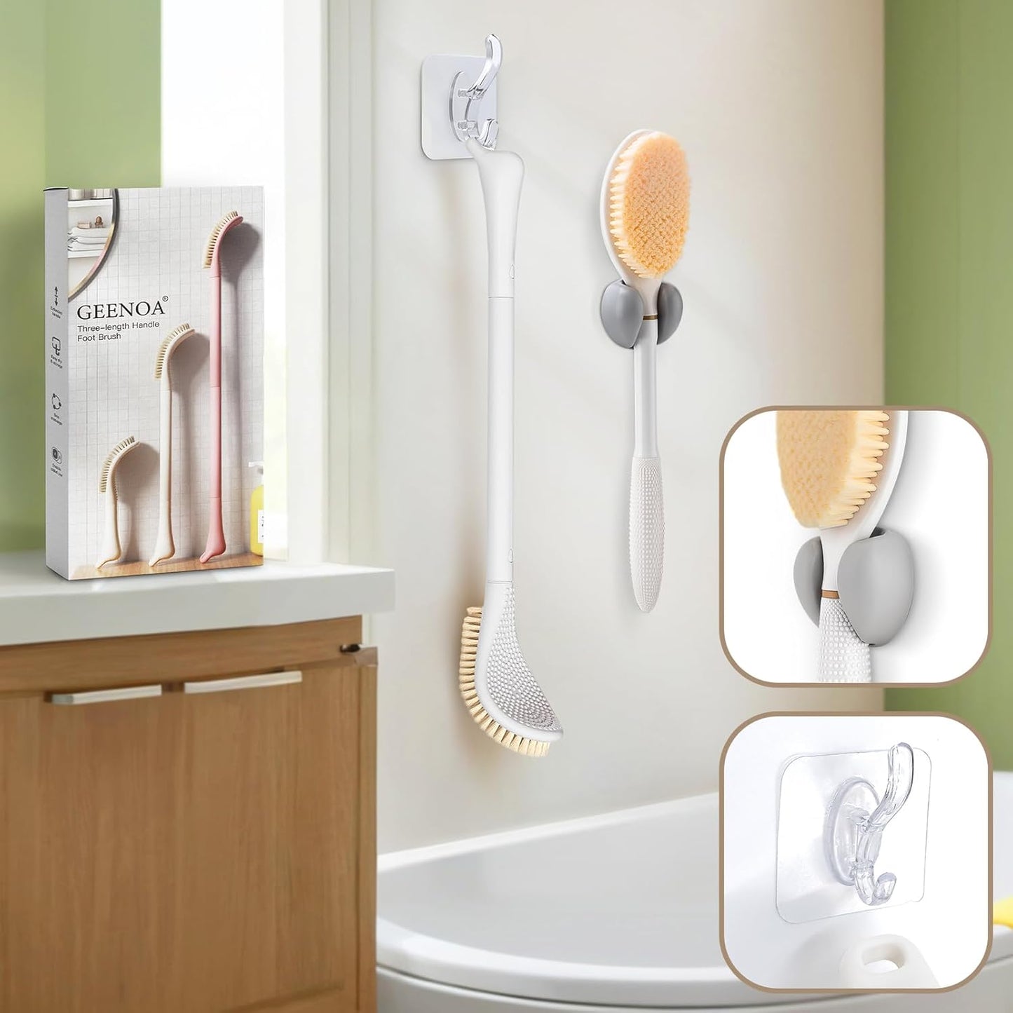 New Foot Brush with Adjustable Long Handle, 3-in-1 Foot Scrubber for Wet or Dry Brushing, 10.2’’- 27.5’’ Foot Scrub Brush for Senior, Pregnant, Disabled, or Injured, Gift-Box Packed(White)